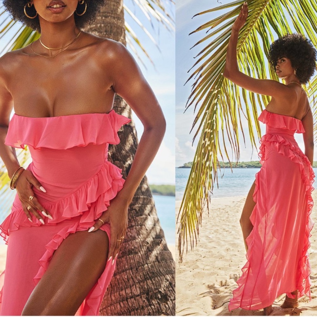 House Of Cb Sarina Pink Ruffle Maxi Dress